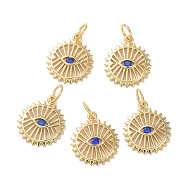 Brass Micro Pave Cubic Zirconia Charms, Long-Lasting Plated, Real 18K Gold Plated, Flower with Blue Eye