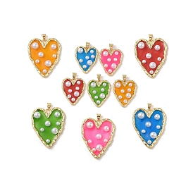 Rack Plating Brass & Epoxy Resin Pendants, Heart Charms with Snap on Bails & Plastic Pearl, Real 18K Gold Plated, Cadmium Free & Lead Free, Long-Lasting Plated