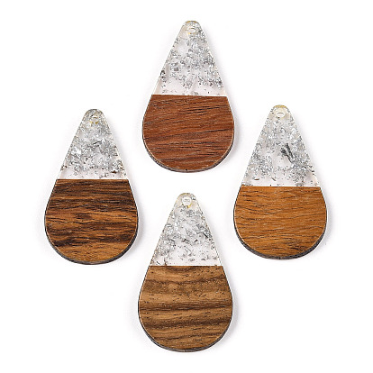 Transparent Resin & Walnut Wood Pendants, with Foil, Teardrop Charm