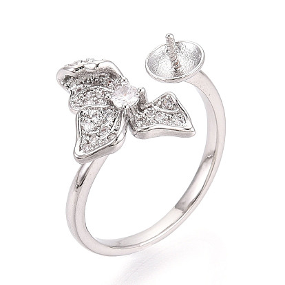 Оправы для колец-манжет из цветочной латуни с микропаве из прозрачного кубического циркония, за половину пробурено бисера