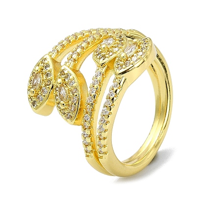 Brass with Cubic Zirconia Open Cuff Ring, Cadmium Free & Nickel Free & Lead Free, Leaf