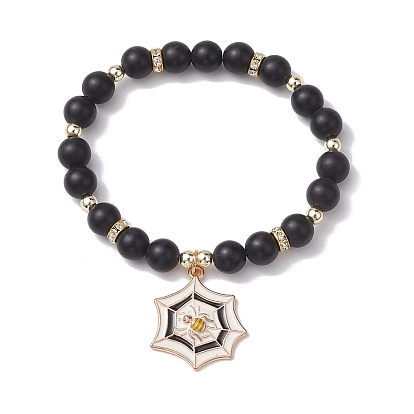 Frosted Natural Dyed & Heated Black Agate(Dyed & Heated) Beaded Stretch Bracelets, Halloween Spider Web Alloy Enamel Charm Bracelets for Women