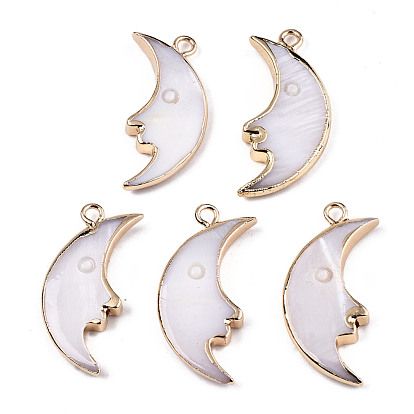 Natural Freshwater Shell Pendants, with Iron Loops, Brass Edge Golden Plated, Moon