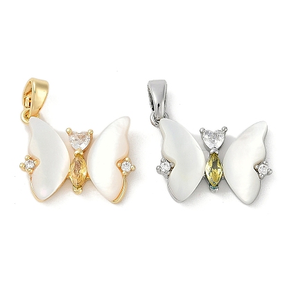 Подвески-бабочки из натуральной белой ракушки, подвески-бабочки из латуни с микропаве из прозрачного кубического циркония