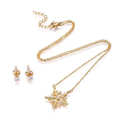 304 нержавеющей стали ювелирных изделий, ожерелья из кулона из микропаве из латуни с микропаве и 304 серьги из нержавеющей стали, с ушными гайками / серьгой сзади, Рождественские снежинки, прозрачные