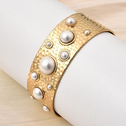 304 открытые браслеты-манжеты из нержавеющей стали, широкие браслеты для женщин, с круглой пластиковой жемчужиной