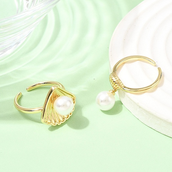 Латунные манжеты с открытыми кольцами, формы раковины, с абс пластмассовой имитационной жемчужиной, без кадмия и без свинца, долговечный, стойки покрытие