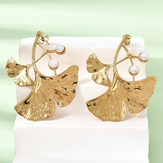 304 Серьги-гвоздики из нержавеющей стали и пластика с жемчугом, гинкго лист