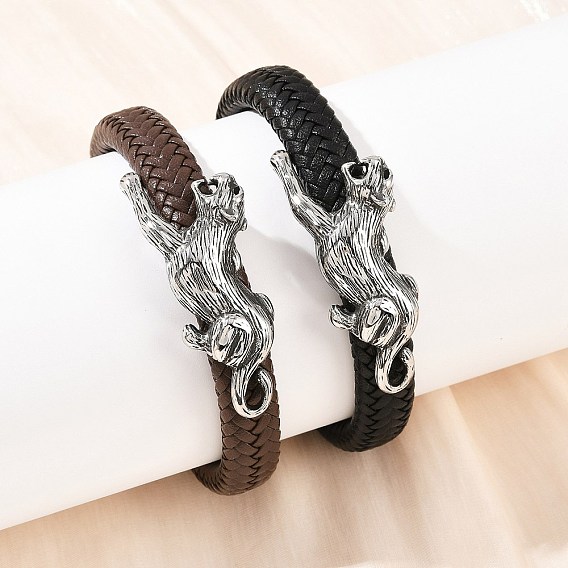 11.5браслеты из микрофибры и кожи с леопардовым принтом, с 304 из нержавеющей стали магнитные застежки, античное серебро