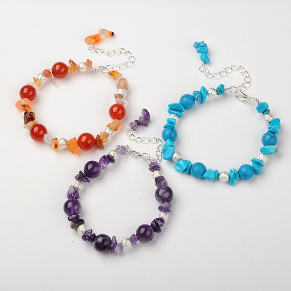 Gemstone Bracelets, with Brass Textured Beads and Alloy Lobster Claw Clasps, Silver Color Plated, 175mm