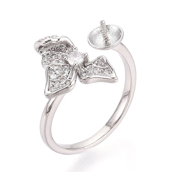 Оправы для колец-манжет из цветочной латуни с микропаве из прозрачного кубического циркония, за половину пробурено бисера