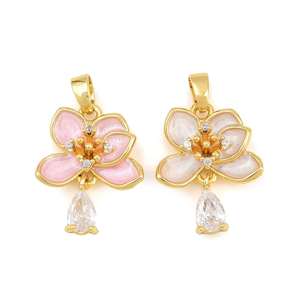Brass Micro Pave Clear Cubic Zirconia Pendants, with Enamel, Flower with Teardrop Charms, Real 18K Gold Plated