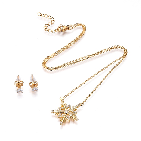 304 нержавеющей стали ювелирных изделий, ожерелья из кулона из микропаве из латуни с микропаве и 304 серьги из нержавеющей стали, с ушными гайками / серьгой сзади, Рождественские снежинки, прозрачные