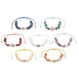 Natural Chip Gemstone Braided Bead Bracelet Sets, Alloy Rhinestone & Enamel Evil Eye Link Bracelets for Women