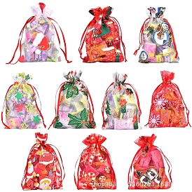 Sacs cadeaux en organza imprimé avec cordon de serrage, pochettes à bijoux, fête de mariage sacs-cadeaux de faveur de noël, rectangle