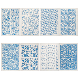 8 листы 8 стиль бумажные керамические наклейки, гончарная керамика глиняная переводная бумага, подглазурная цветочная бумага, бело-голубой фарфор стиле