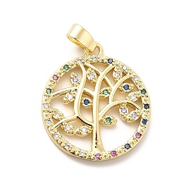 Brass Micro Pave Cubic Zirconia Pendants, Flat Round with Tree Charm, Real 18K Gold Plated