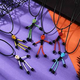 Ожерелья с подвесками в виде скелета из стеклянных бусин и натурального черного оникса (окрашенного и нагретого) и окрашенного черепа из синтетической бирюзы на тему Хэллоуина, ожерелье из вощеного хлопкового шнура для женщин и мужчин, платина