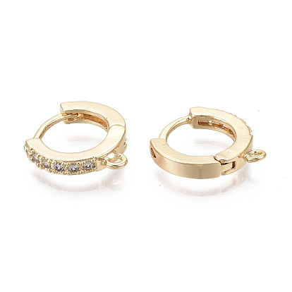 Brass Micro Pave Cubic Zirconia Huggie Hoop Earring Findings, with Horizontal Loop, Nickel Free, Ring, Clear