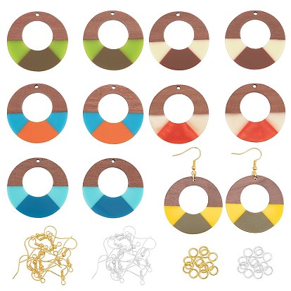 Kits de fabrication de boucles d'oreilles pendantes en bois de noyer, y compris 12pcs 6 styles bague en résine et pendentifs en bois de noyer, boucles d'oreilles en fer crochets et anneaux de saut