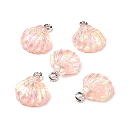 Translucent Resin Pendants, with Sequins and Platinum Tone Iron Loops, Shell Charm