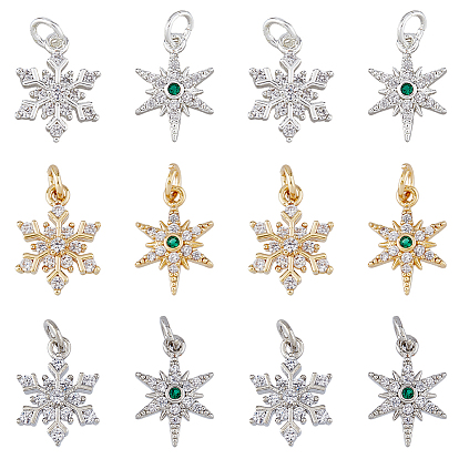 12 шт 6 стиль стойка покрытие латунь микро паве кубический цирконий подвески, без кадмия и без свинца, с целью перехода в кольце, очарование звезды и снежинки