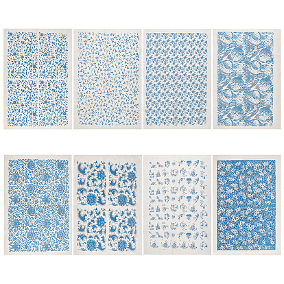8 листы 8 стиль бумажные керамические наклейки, гончарная керамика глиняная переводная бумага, подглазурная цветочная бумага, бело-голубой фарфор стиле