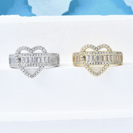 Латунные кольца-манжеты с микропаве и прозрачным цирконием для женщин, без кадмия и без свинца, сердце