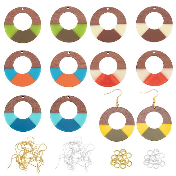 DIY Walnut Wooden Dangle Earring Making Kits, Including 12Pcs 6 Styles Ring Resin & Walnut Wood Pendants, Iron Earring Hooks & Jump Rings