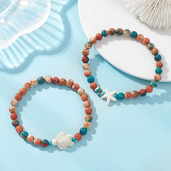 2 браслеты из синтетического белого нефрита и бирюзы, эластичные, для женщин и мужчин, черепаха и морская звезда