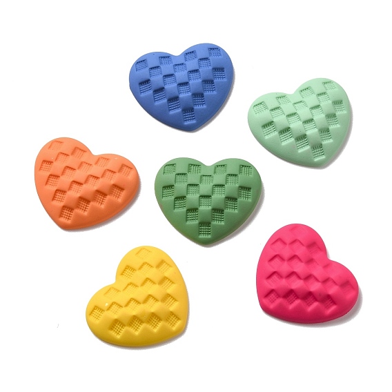 Rubberized Style Opaque Resin Cabochons, Heart with Tartan Pattern