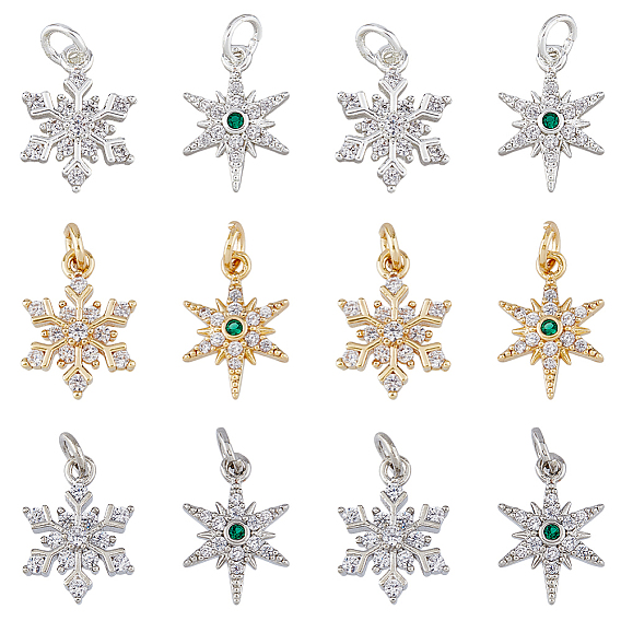 12 шт 6 стиль стойка покрытие латунь микро паве кубический цирконий подвески, без кадмия и без свинца, с целью перехода в кольце, очарование звезды и снежинки