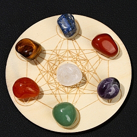 Wood & Natural Gemstone Seven Star Array Plate, Reiki Energy Stone Display Decoration, for Healing Meditation, Flat Round