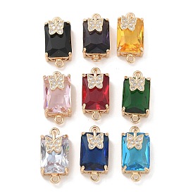 Brass Pave Faceted Glass Rectangle Connector Charms, Clear Cubic Zirconia Butterfly Links, Real 18K Gold Plated