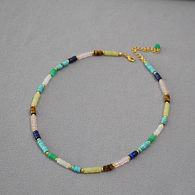 Colorful Vintage Stone Beaded Necklace - Retro, Unique, Short Chain for Women.