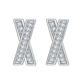 Sparkling Cross-shaped S925 Silver Earrings with Clear Stones - Fashionable and Minimalist Women's Jewelry