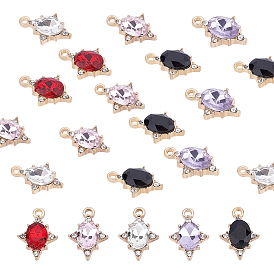 30Pcs 5 Colors Alloy Glass Charms, with Rhinestones, Light Gold, Rhombus
