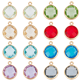 SUPERFINDINGS 16Pcs 8 Colors Brass Glass Charms, Golden, Long-Lasting Plated, Faceted Flat Round
