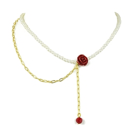 ABS Plastic Imitation Pearl Beaded Red Flower Synthetic Coral Pendant Necklaces, with Brass Paperclip Chains