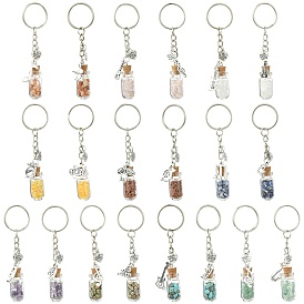 20 Bouteilles en verre avec porte-clés en éclats de pierres précieuses naturelles et synthétiques, avec pendentifs en alliage et anneaux en fer