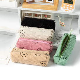 Corduroy Pen Holder Case, Zipper Pen Protector Pouch, Office & School Supplies, Rectangle with Smiling Face Pattern