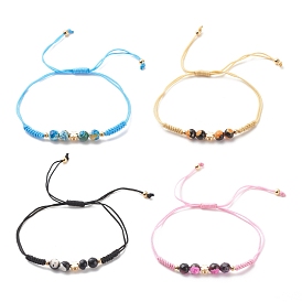 Natural Agate & Brass Clover Beaded Cord Bracelet, Gemstone Braided Adjustable Bracelet for Women