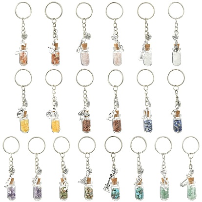 20 Bouteilles en verre avec porte-clés en éclats de pierres précieuses naturelles et synthétiques, avec pendentifs en alliage et anneaux en fer