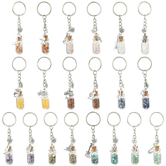 20Pcs Glass Bottle with Natural & Synthetic Gemstone Chip Keychains, with Alloy Pendants and Iron Rings