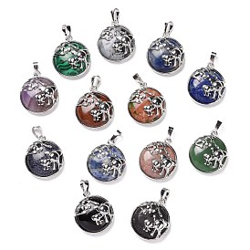 Natural & Synthetic Gemstone Pendants, with Platinum Tone Brass Findings, Cadmium Free & Lead Free, Mixed Dyed and Undyed, Flat Round with Elephants