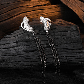 925 Sterling Silver Branch Texture Long Tassel Earrings with Originality and Versatility