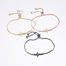 Bracelets bolo réglables en laiton, bracelets de slider, avec zircone et chaînes, croix