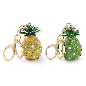 Pineapple Plastic with Rhinestone Pendant Keychain, with Alloy Findings, Light Gold