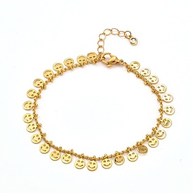 Flat Round with Smiling Face Brass Charm Bracelets, with Curb Chains and Cubic Zirconia