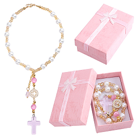 Glass Pearl Hanging Ornaments, Cross, with Cat Eye & Glass & Alloy Charms and Iron Chains